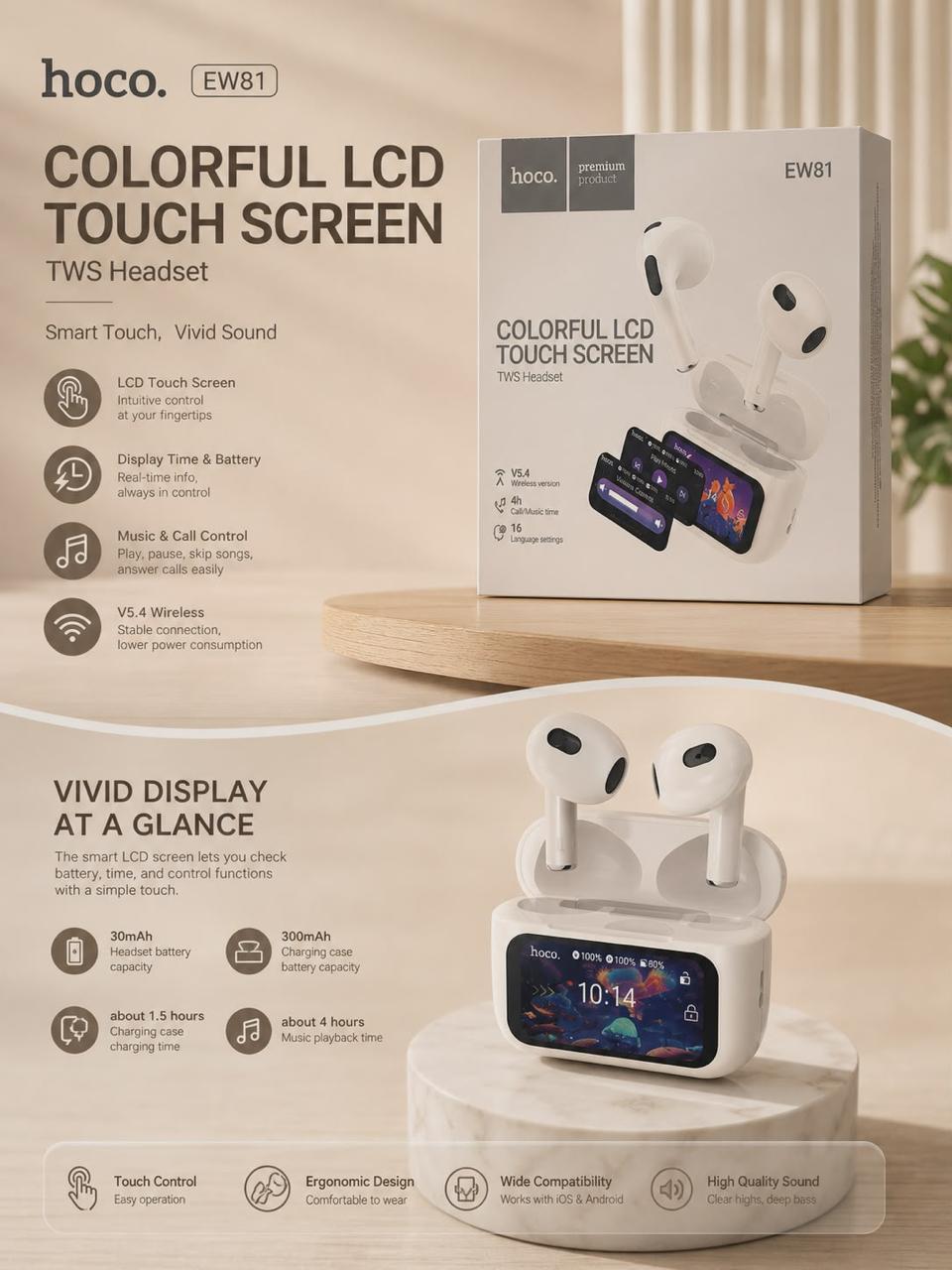 COLORFUL LCD TOUCH SCREEN TWS HEADSET